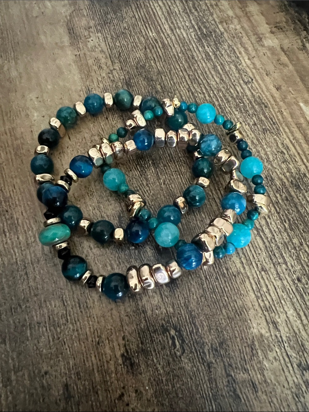 Stackable Teal & Blue Beaded Stretch Bracelets with Gold Accents